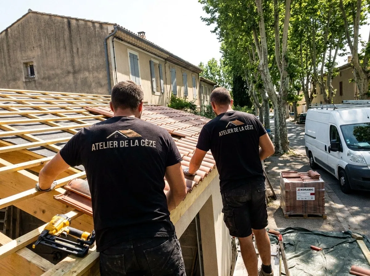 Deux couvreurs de l'Atelier de la Cèze posent des tuiles canal sur liteaux neufs, rue bordée de platanes à Bagnols-sur-Cèze